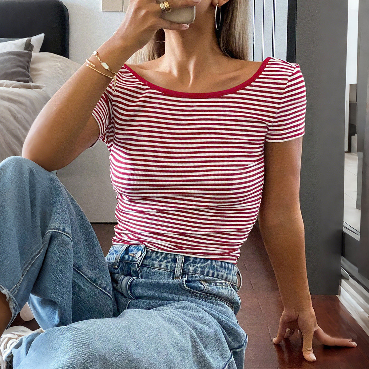 Striped Short Sleeve Tank Top Women's T-shirt Women's Clothing