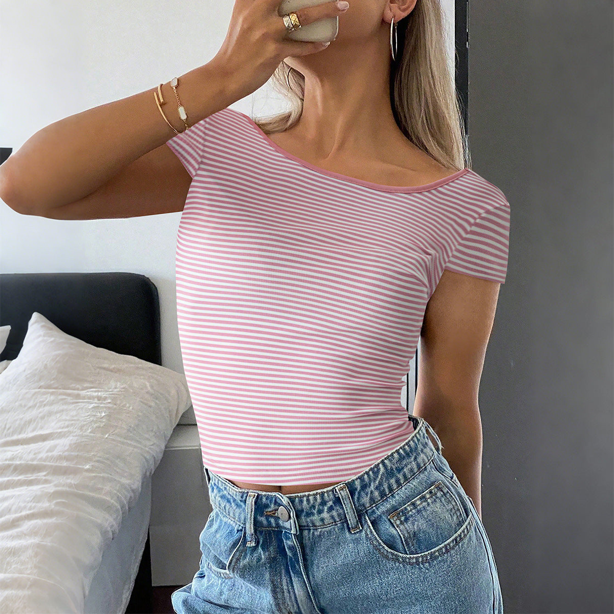 Striped Short Sleeve Tank Top Women's T-shirt Women's Clothing